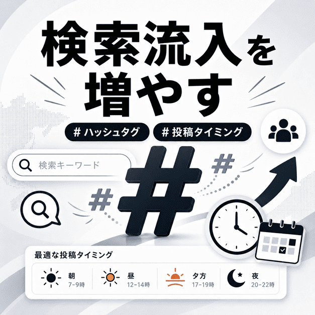 ハッシュタグ設計、検索キーワード、投稿タイミングを組み合わせてXからの検索流入を増やす様子を示したイラスト