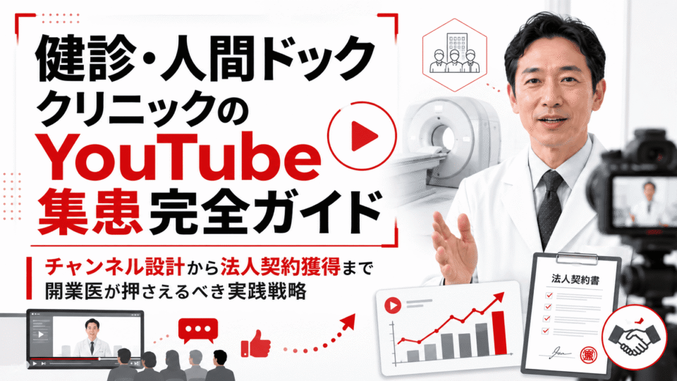 健診・人間ドッククリニックのYouTube集患戦略を、院長の動画発信、検査機器、法人契約、成長グラフで表したアイキャッチ画像