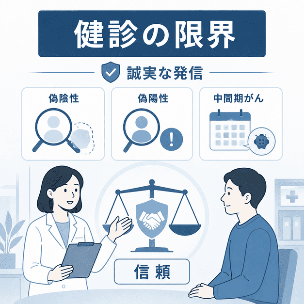 健診の偽陰性、偽陽性、中間期がんを誠実に伝えて信頼を築く医師と受診者の図解