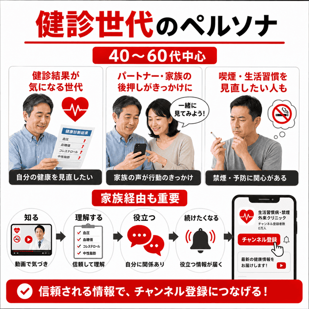40〜60代の健診世代や家族が動画を見て健康への関心を高め、チャンネル登録へ進む導線のイラスト