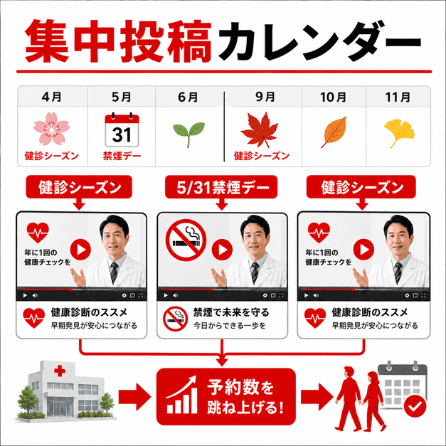 健診シーズンと世界禁煙デーに合わせて動画を集中投稿し、予約数の増加につなげる年間カレンダーのイラスト