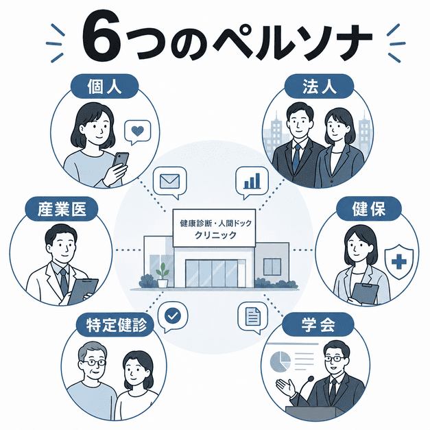 個人、法人、健保、産業医、特定健診、学会の6つのペルソナを整理する図解