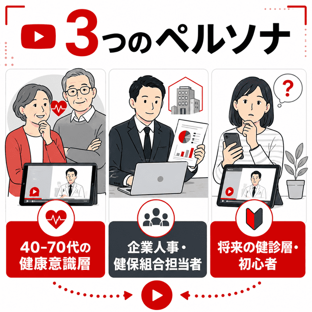 健診クリニックのYouTube配信で対象となる健康意識層、企業人事・健保組合担当者、初心者層の3つのペルソナを示したイラスト