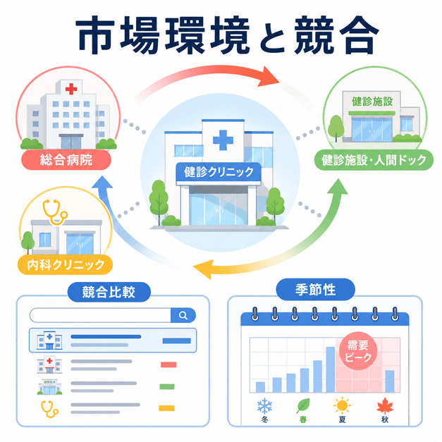 健診クリニックを中心に総合病院、内科クリニック、健診施設との競合関係と季節需要を整理したイラスト