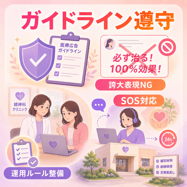 医療広告ガイドラインを守りながら誇大表現を避け、SOS対応体制を整える精神科クリニックの運用