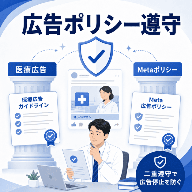 睡眠外来のFacebook広告運用で医療広告ガイドラインとMeta広告ポリシーを二重遵守する様子