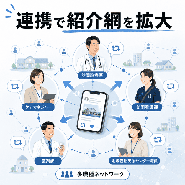 訪問診療医、ケアマネ、訪問看護師など多職種連携で紹介ネットワークを広げる図解