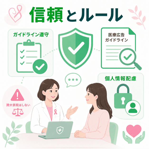 医療広告ガイドラインとLINEポリシーを守り、個人情報に配慮しながら信頼を積み上げる運用を示したイラスト