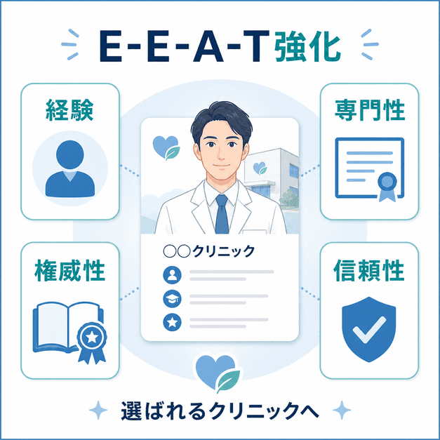 心療内科クリニックが経験・専門性・権威性・信頼性を高めて選ばれるためのE-E-A-T設計を示したイラスト