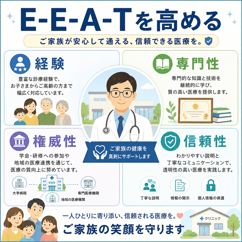 医師の経験・専門性・権威性・信頼性を示し、家族に信頼される医療情報発信を表したE-E-A-Tの解説イラスト