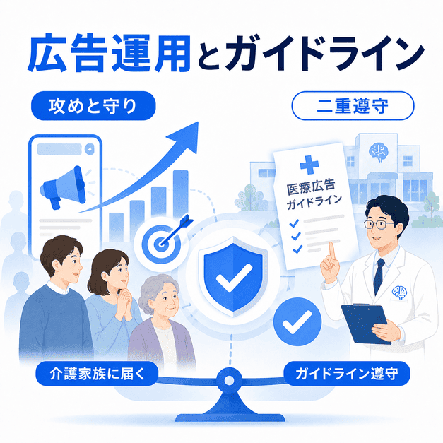 Facebook広告運用と医療広告ガイドライン遵守を両立し、介護家族に安全に情報を届ける仕組みの図解