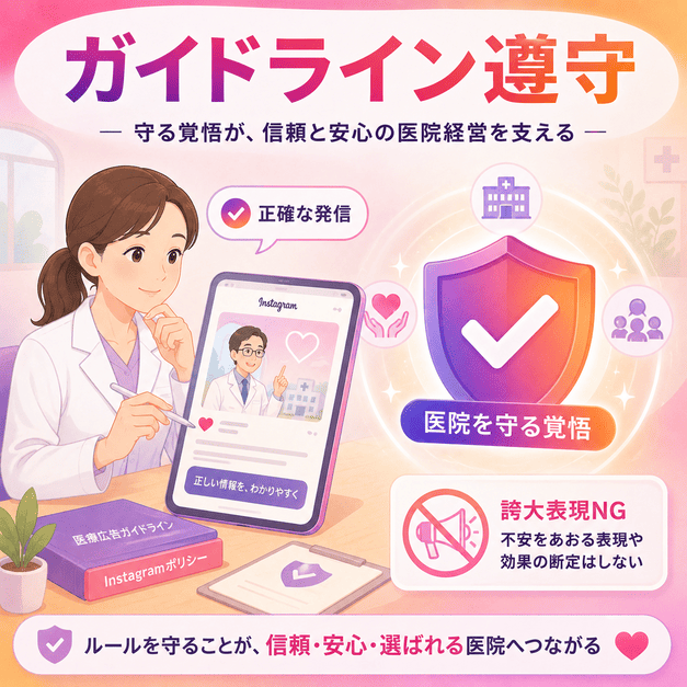 医療広告ガイドラインとInstagramポリシーを守り、誇大表現を避けて正確な発信を行う様子を示したイラスト