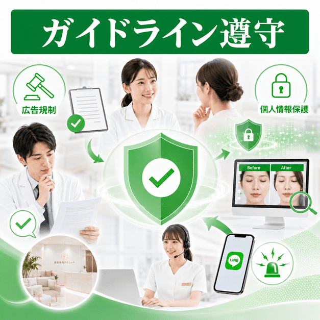 医療広告ガイドライン、個人情報保護、ビフォーアフター画像確認などを守るLINE運用体制のイメージ