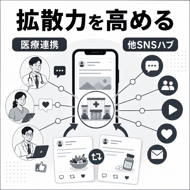 医療従事者ネットワークと他SNS連携によりXの拡散力を高めるイラスト