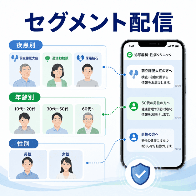 疾患別・年齢別・性別のセグメントに応じて、患者ごとに適したLINE配信を行う仕組みを示したイラスト