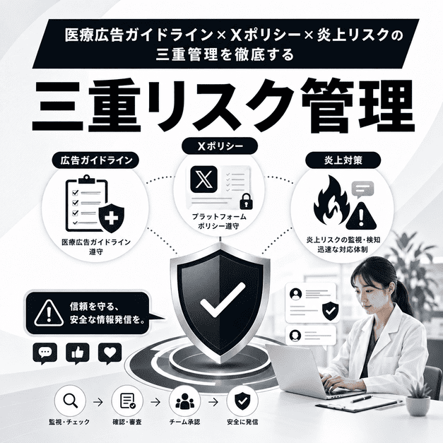 医療広告ガイドライン、Xポリシー、炎上リスクを三重に管理し、安全な情報発信を行う様子を示したイラスト