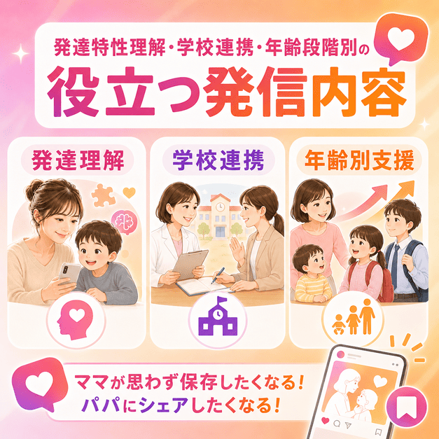発達理解・学校連携・年齢別支援の3つを柱にしたInstagram発信内容を示すイラスト