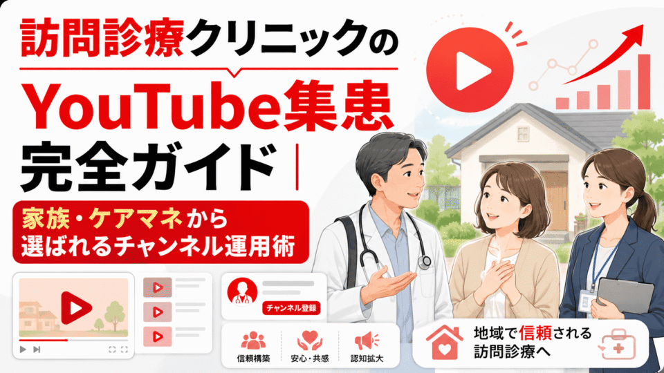 訪問診療クリニックの医師と家族介護者、ケアマネがYouTube運用について話し合うイラスト