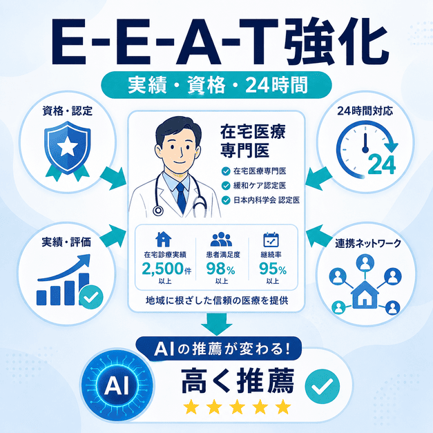 在宅医療専門医の実績、資格、24時間対応体制がAI推薦に影響することを示した図