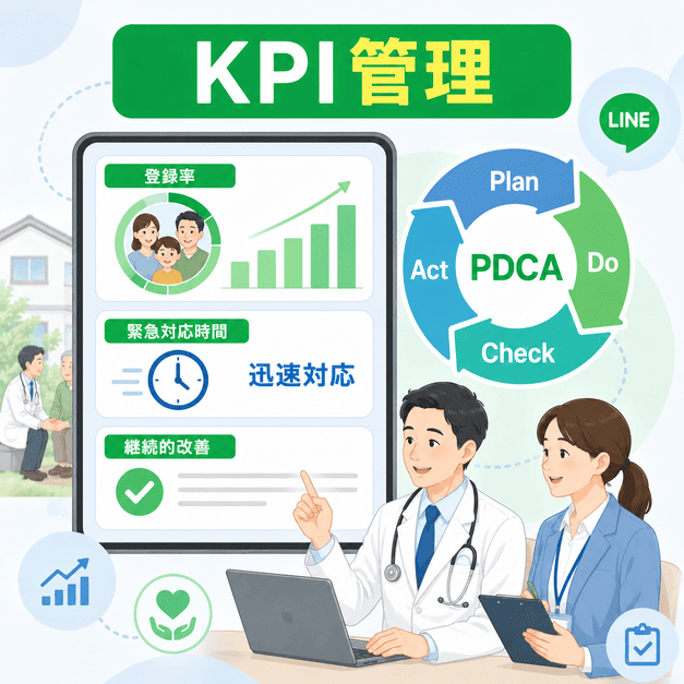 家族登録率や緊急対応時間など訪問診療独自のKPIを管理しPDCAを回すイメージ