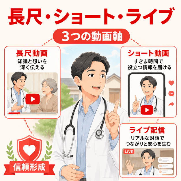 訪問診療クリニックの医師が長尺動画、ショート動画、ライブ配信の3軸で情報発信するイラスト