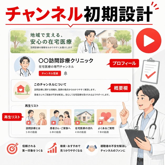 訪問診療クリニックのYouTubeチャンネルでプロフィールや概要欄、再生リストを整えているイラスト