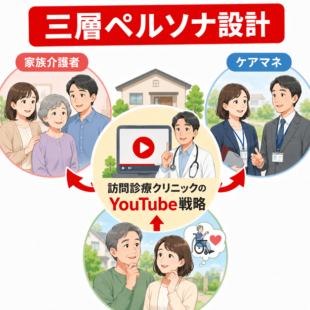 家族介護者、ケアマネ、将来の介護検討層に分けてYouTube配信先を設計するイラスト