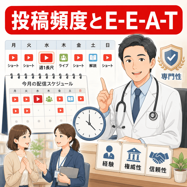 訪問診療クリニックの投稿スケジュールとE-E-A-Tを医師が説明しているイラスト