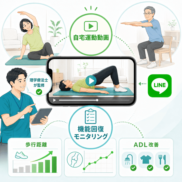 自宅運動動画を見ながらリハビリを行い、歩行距離やADL改善をLINEで見える化する仕組み