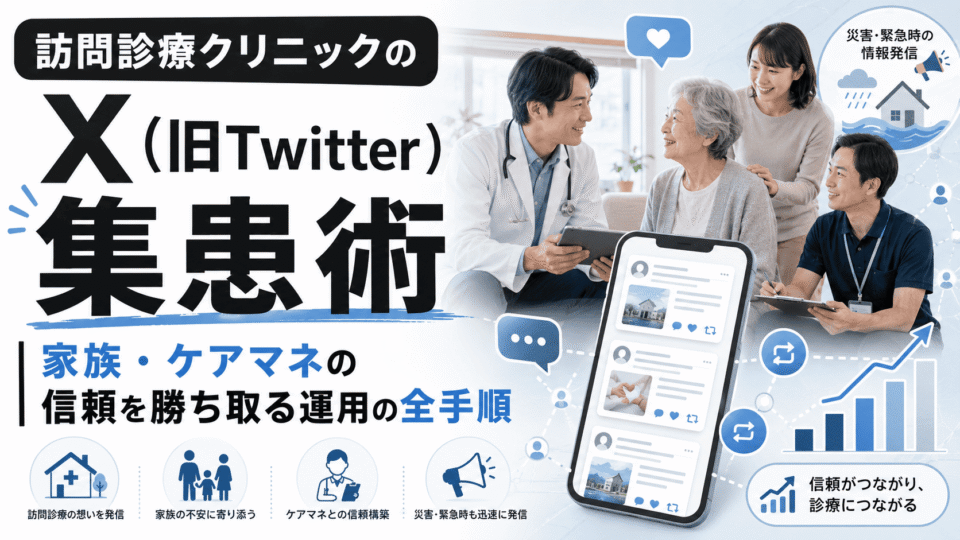 訪問診療クリニックがXを活用して家族やケアマネに信頼される情報発信を行うイメージ