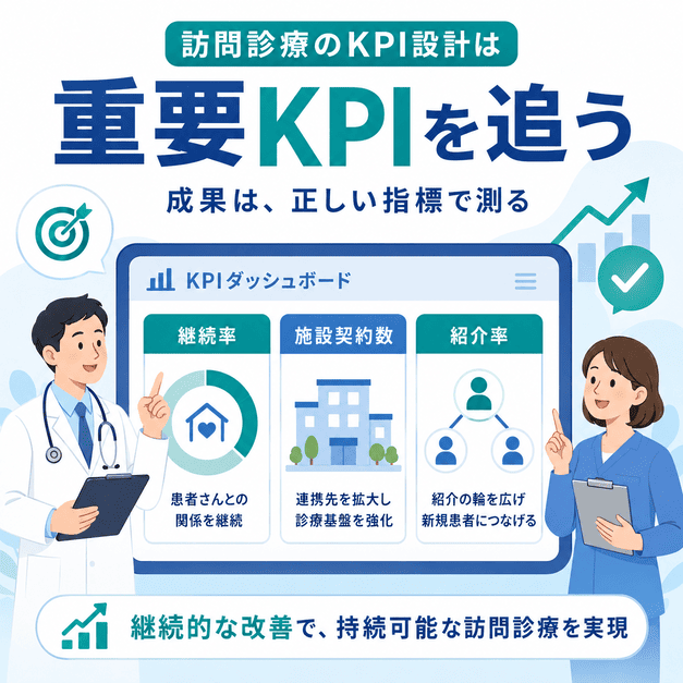 訪問診療のSEO成果を継続率、施設契約数、紹介率などの重要KPIで追跡する考え方を示した画像