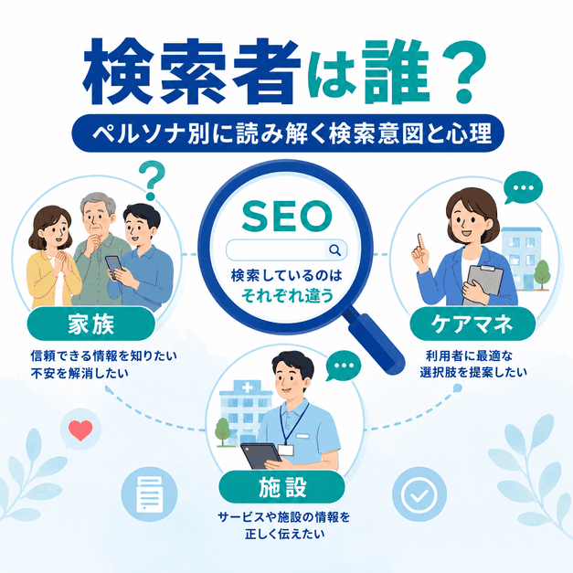訪問診療クリニックを検索する家族、ケアマネジャー、施設スタッフの検索意図と心理の違いを図解した画像