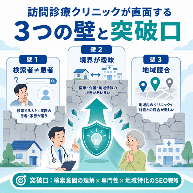 訪問診療クリニックがSEOで直面する検索者と患者の違い、類似サービスとの境界、地域競合という3つの壁と突破口を図解した画像