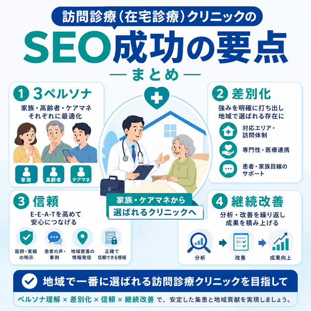 訪問診療クリニックのSEO対策を成功させるために、3ペルソナ、差別化、信頼、継続改善をまとめた画像