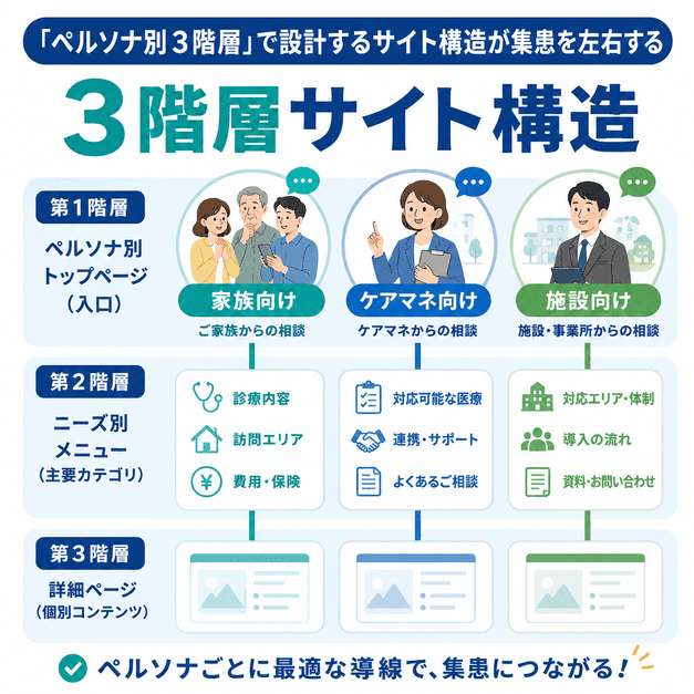 家族向け、ケアマネ向け、施設向けの導線を分けた訪問診療クリニックの3階層サイト構造を示した画像