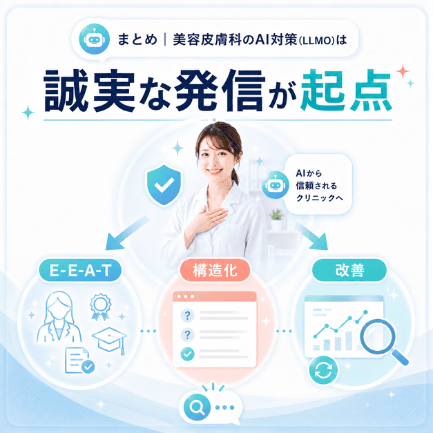 美容皮膚科のAI対策はE-E-A-T、構造化、改善を通じた誠実な情報発信から始まることをまとめた図解