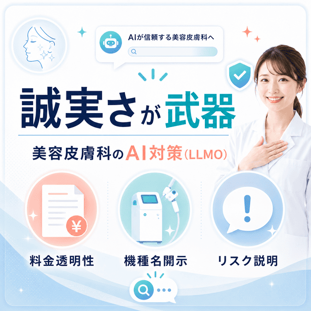 美容皮膚科のAI対策では料金透明性、機種名開示、リスク説明など誠実な情報発信が重要であることを示す図解