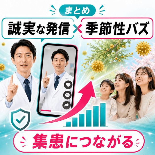 専門医の誠実な情報発信と花粉症シーズンのバズが組み合わさり集患につながるまとめイメージ
