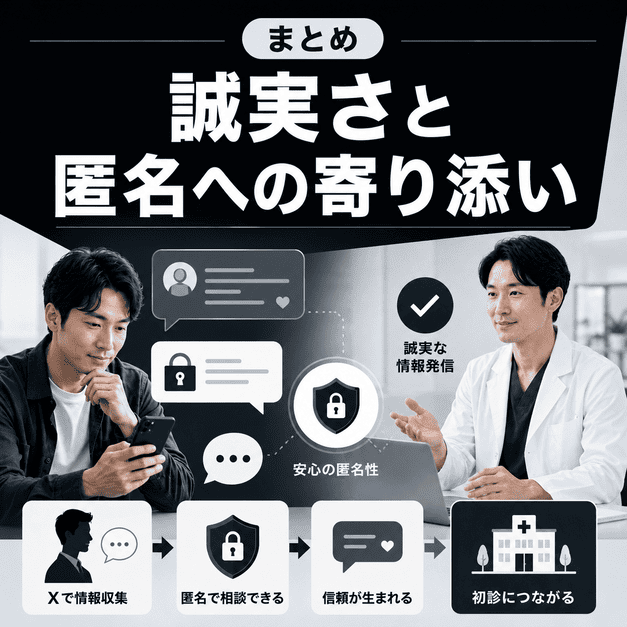 誠実な情報発信と匿名への寄り添いが、信頼形成と初診相談につながる流れを表したまとめイラスト