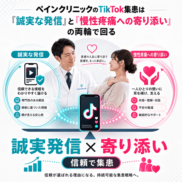 誠実な医療情報発信と慢性疼痛患者への寄り添いを両輪にしたTikTok集患を表したまとめ用イラスト