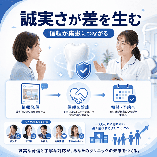 誠実な情報発信と丁寧な対応が審美歯科・ホワイトニングの信頼と集患につながることを表したまとめ用イラスト