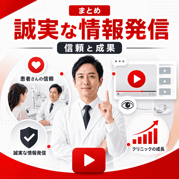 誠実な医療情報発信によって患者の信頼と眼科クリニックの成長を両立するまとめ用イラスト