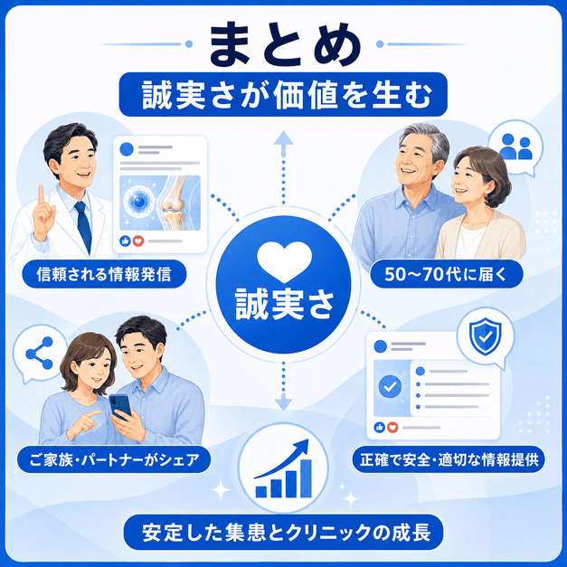 誠実な情報発信が信頼、家族シェア、法令遵守、安定した集患とクリニック成長につながることを示したまとめイラスト