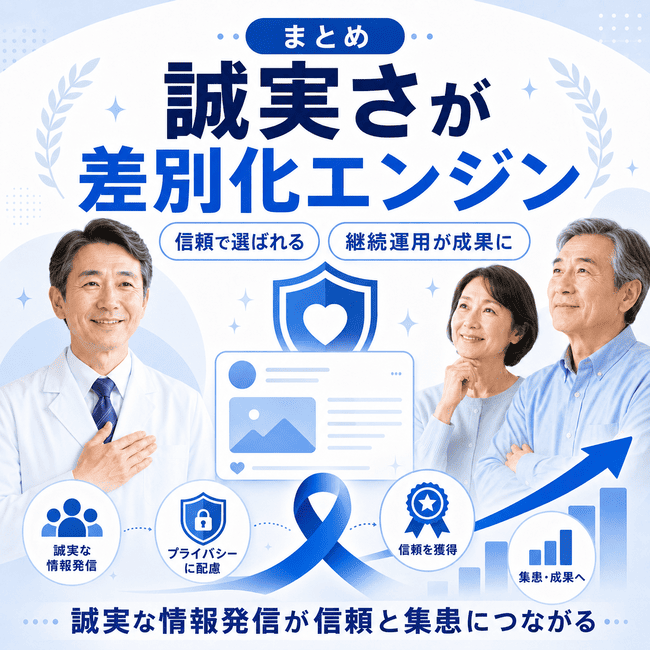 肛門外科のFacebook集患で、誠実な情報発信が信頼と新患獲得につながることを示すまとめイラスト