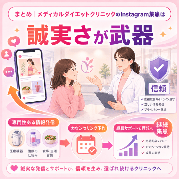 誠実なInstagram発信と継続サポートがクリニックの信頼と集患につながることを表したまとめイラスト
