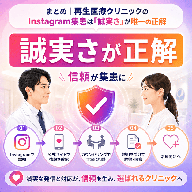 再生医療クリニックのInstagram集患では誠実な発信が信頼と相談につながることをまとめたイラスト