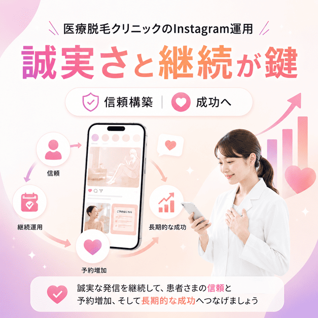 医療脱毛クリニックのInstagram運用で誠実な発信と継続改善が成功につながることを示したまとめイラスト