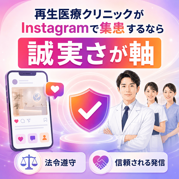 再生医療クリニックのInstagram運用で誠実な情報発信と法令遵守を軸にする考え方を示したイラスト