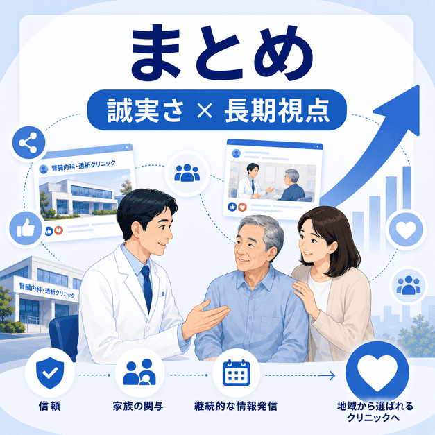 誠実な情報発信と長期的な患者・家族支援により地域から選ばれるクリニックを表すまとめ用イラスト