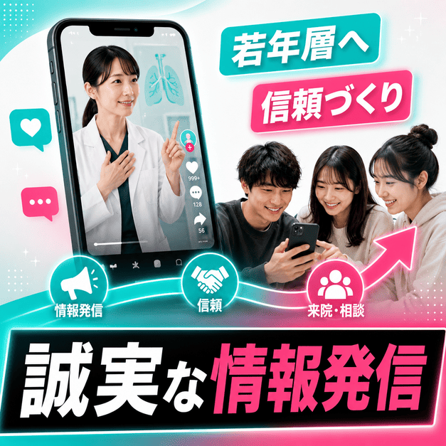 呼吸器内科クリニックが若年層へ誠実な医療情報を発信し信頼を築くまとめ用イラスト